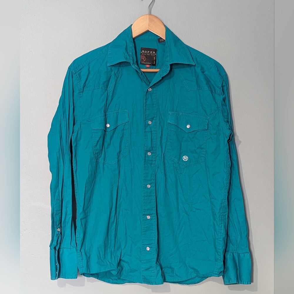 Roper Vintage Pearl Snap Teal Poplin Button-Up Western‎ Long Sleeve Men's Shirt